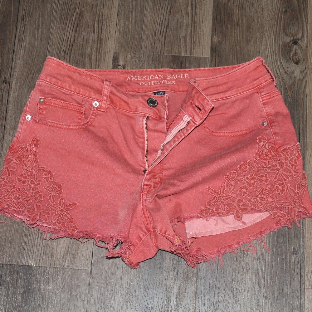 Pink Lace High Rise Jean Shorts by American Eagle